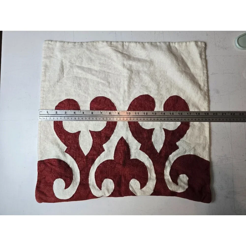 Square Feathers Linen Pillow Cover‎ With Red & White Ornamental Design 20x20